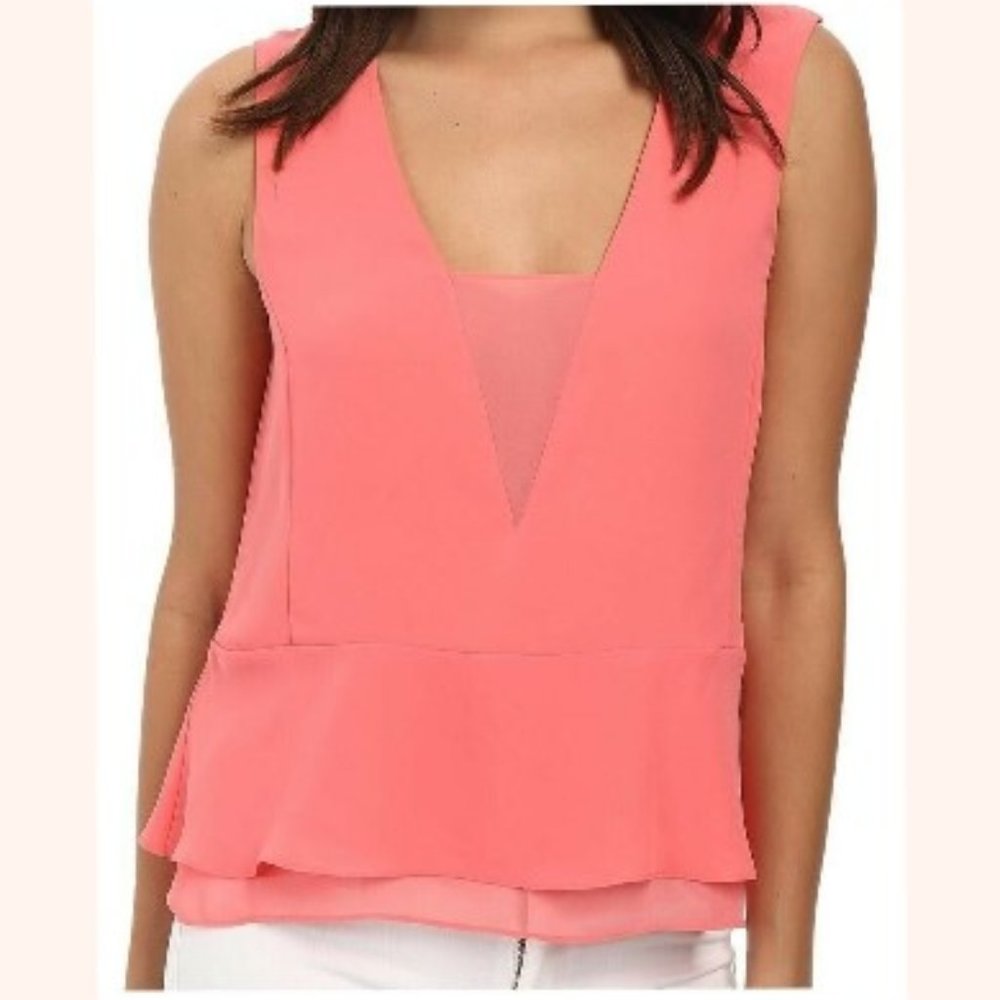 Bcbgmaxazria Women's Amerly Sleeveless V-Neck Double Flounce Blouse Size L